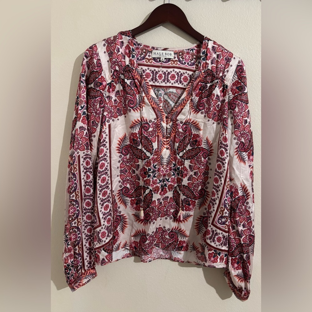 Hale Bob White Blouse with Pink and Red Paisley Print